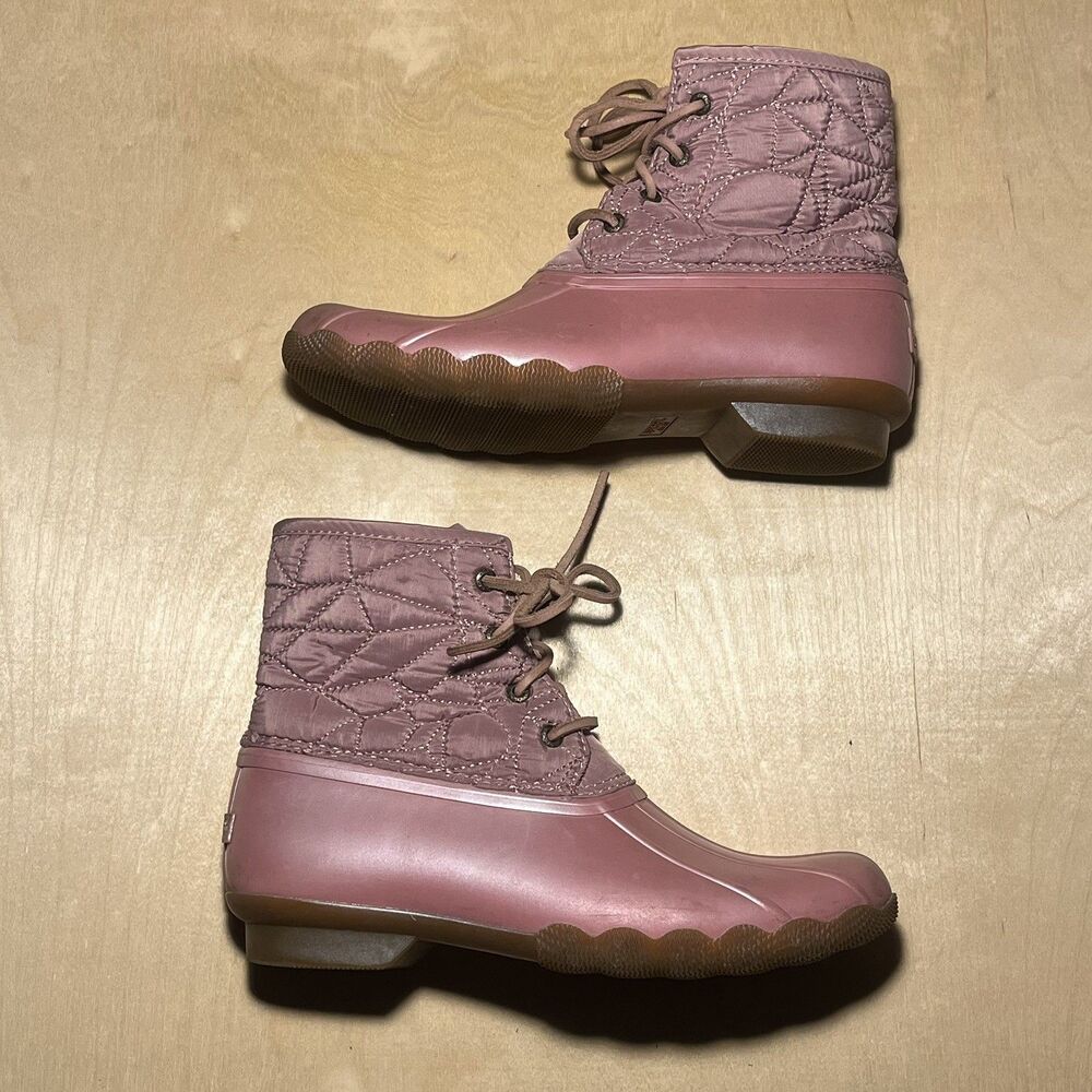 Sperry Saltwater Boots Girls Pink Quilted Waterproof Lace Up Side Zip Size 5M